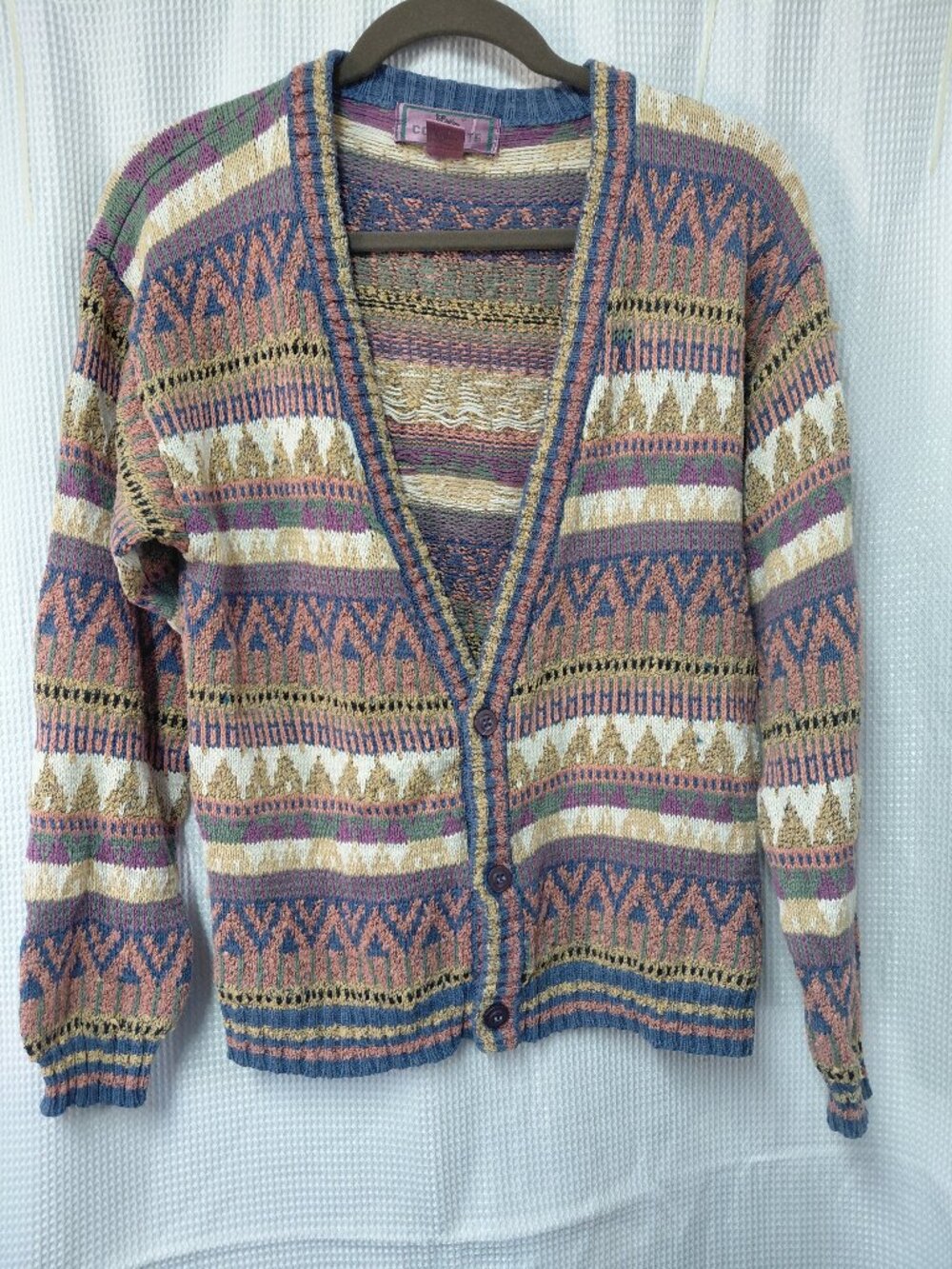 Vintage Concrete Mix Abstract Geometric Cardigan Sweater Ramie Cotton Blend Med